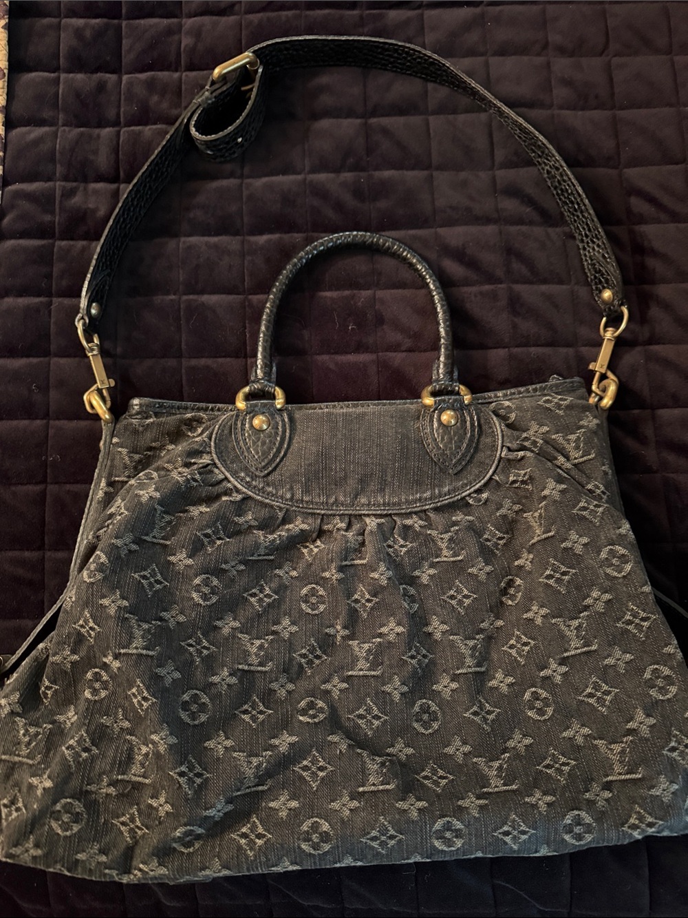 Louis Vuitton Black Monogram Denim Tote with Gold-Tone Hardware